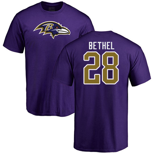 Men Baltimore Ravens Purple Justin Bethel Name and Number Logo NFL Football #28 T Shirt